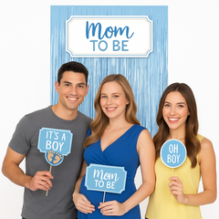 Glitter Baby Boy Shower Photo Booth Prop Kit with Blue Fringe Backdrop, 21-Piece Set