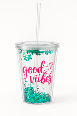 Sparkle "Good Vibes" Double Wall Tumbler with Straw, 12oz