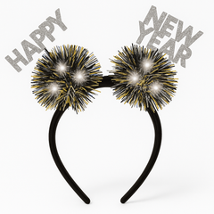 "Happy New Year" Light-Up Tinsel Pom Pom Headband - Gold/Silver/Black