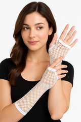 White Long Fishnet Fingerless Gloves - Costume Accessory