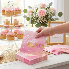 "Hello World" Pink and Gold Lunch Napkins - 6.5 In. x 6.5 In. - 16 Pack