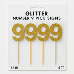 Glitter Gold Number 9 Cake Picks, 7-Inch, 4-Pack
