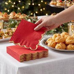 Red Scalloped Beverage Napkins with Gold Stamp - 5 In. X 5 In.