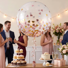 Large Heart Confetti Latex Balloons, Metallic Pink/Gold, 24-Inch, 2-Pack