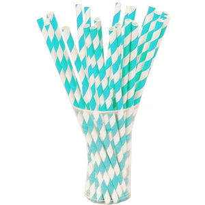 Aqua Blue Striped Paper Straws - 7.75 in. | 100 Count