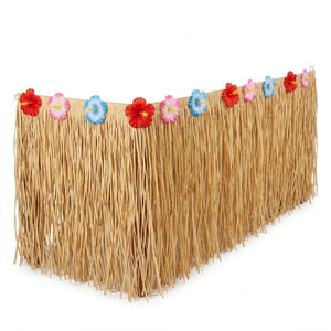 Tropical Natural Grass Table Skirt with Hibiscus Accents - 9ft x 15in