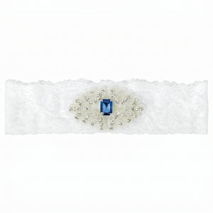 Something Blue Bridal Garter - White Lace Wedding Garter with Sapphire Rhinestone Applique, Plus Size Keepsake Garter for Bride