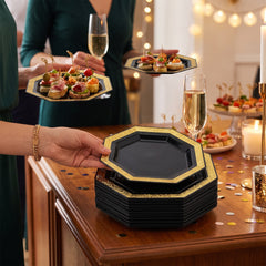 Black Hexagonal Metallic 9" Dinner Plates