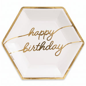 Golden Age Hexagon "Happy Birthday" Metallic Plates, 9-Inch, 8-Pack