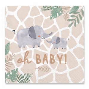 Jungle Baby "Oh Baby" Elephant Beverage Napkins - 16 Pack - 5 In. X 5 In.