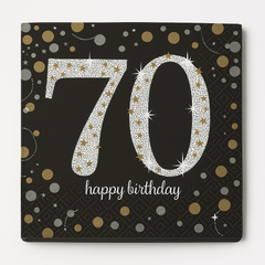 Sparkling Celebration 70th Birthday Lunch Napkins - 6.5 In. x 6.5 In. - Black/Silver/Gold, 16-Pack