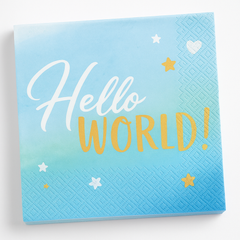 "Hello World" Blue and Gold Lunch Napkins, 16-Pack