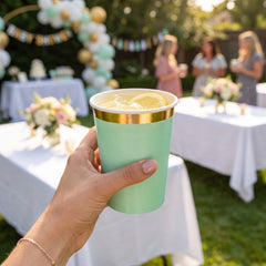 Elegant Gold Rimmed Mint Paper Cups - 12oz