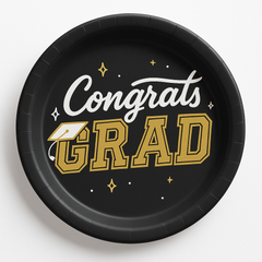 "Congrats Grad" 7-Inch Round Metallic Paper Plates - Black/Gold, 8-Pack