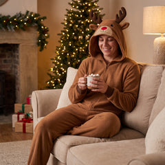 Adult Reindeer Fleece Jumpsuit with Hood - L/XL Size - Adult L/XL
