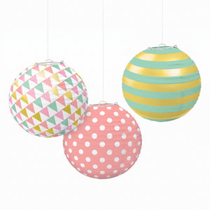 Pastel Paper Lanterns with Polka Dots & Stripes, 9.5-Inch, 3-Pack