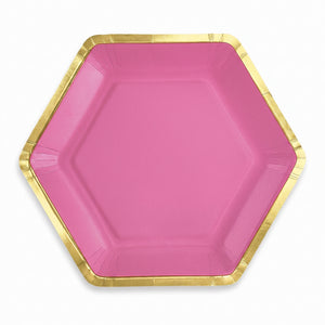 Bright Pink Hexagonal Metallic Paper Plates - 7"