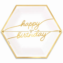 Golden Age Hexagon "Happy Birthday" Metallic Plates, 9-Inch, 8-Pack
