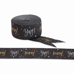 Black & Gold "Yay" Crepe Paper Streamer - 81 ft
