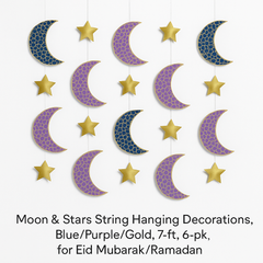 Moon & Star String Decorations - Blue, Purple & Gold, 7 ft, 6-Pack for Eid Celebrations