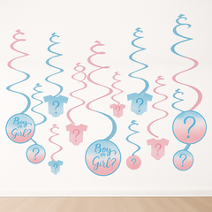 "Boy or Girl?" Spiral Hanging Decorations - 12 Pack for Gender Reveal