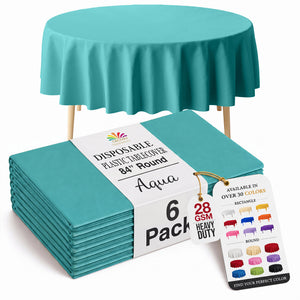 Round Aqua Blue Plastic Table Covers | 6 Pack | 84 in.