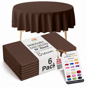 Round Brown Plastic Table Covers | 6 Pack | 84 in.