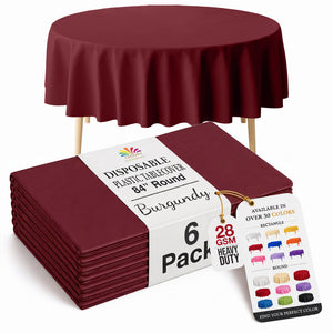 Round Burgundy Plastic Table Covers | 6 Pack | 84 in.