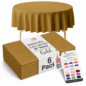 Gold Round Plastic Table Covers | 6 Pack | 84 in.