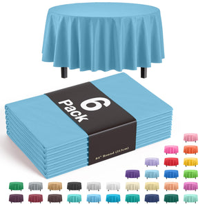Premium Round Sky Blue Plastic Table Covers | 6 Pack - 84 in.