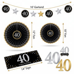 Sparkling Celebration 40th Birthday Room Decorating Kit - Black, Gold & Silver