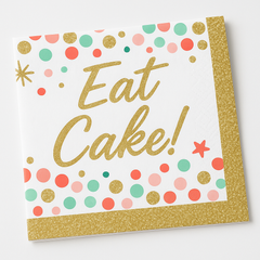 "Eat Cake!" Birthday Beverage Napkins - Gold & Pastel Confetti, 36-Pack