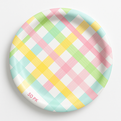 Spring Fun Pastel Plaid Round Paper Plates - 6.75-Inch, 50-Pack