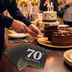 Sparkling Celebration 70th Birthday Lunch Napkins - 6.5 In. x 6.5 In. - Black/Silver/Gold, 16-Pack