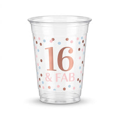 "16 & Fab" Sweet Sixteen Plastic Cups - 16 oz, 20 Pack