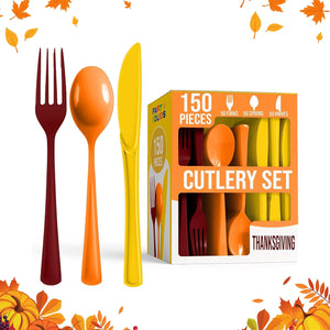 150 Pc. Thanksgiving Plastic Cutlery Combo Set | Fall Colors