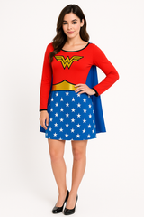 Women's Wonder Woman Long Sleeve Costume Dress with Cape