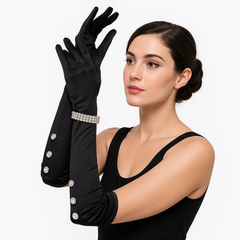 1920s Black Satin Elbow Gloves with Rhinestone Bracelet