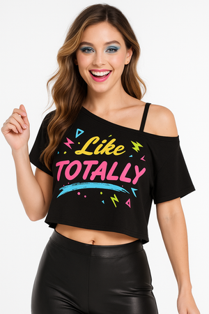 1980s "Like Totally" Off-Shoulder Graphic Crop Top - Adult One Size