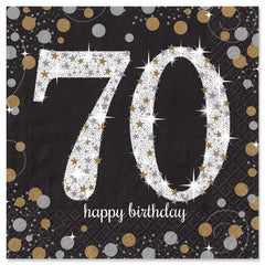 Sparkling Celebration 70th Birthday Lunch Napkins - 6.5 In. x 6.5 In. - Black/Silver/Gold, 16-Pack