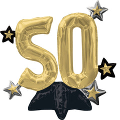 Golden 50th Birthday Foil Balloon Sitter with Stars
