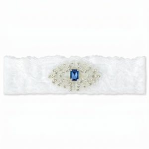 Something Blue Bridal Garter - White Lace Wedding Garter with Sapphire Rhinestone Applique, Plus Size Keepsake Garter for Bride