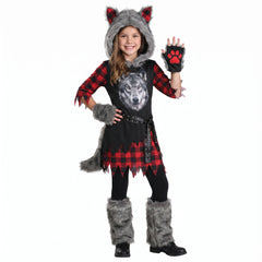 Kids' She-Wolf Halloween Costume with Faux Fur and Plaid Details - Child L (12-14)