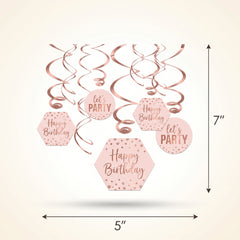 Blush Birthday Swirl Hanging Decorations, Rose Gold, 12-Pack