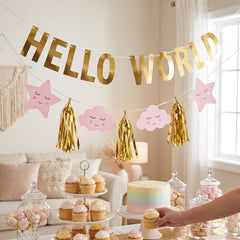 Metallic "Hello World" Baby Shower Banner Kit