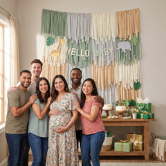Jungle Baby Shower Deluxe Backdrop Kit with "Hello Baby" Fringe Garland