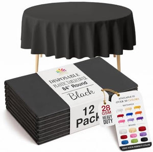 Black Round Plastic Table Covers | 12 Pack | 84 in.