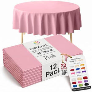 Round Pink Plastic Table Covers | 12 Pack | 84 in.