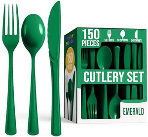 Emerald Green Cutlery Combo Set | 50 Forks 50 Spoons And 50 Knives | 7.5 in.