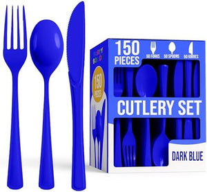 Dark Blue Cutlery Combo Set | 50 Forks 50 Spoons And 50 Knives | 7.5 in.